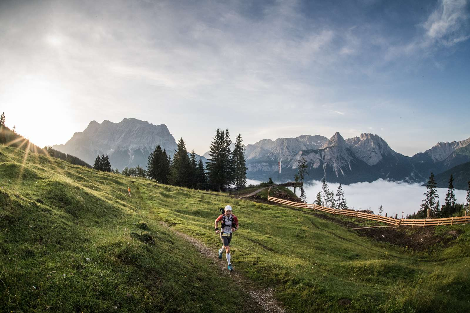 A man is running on a path through an alpine meadow, mountain panorama in the background