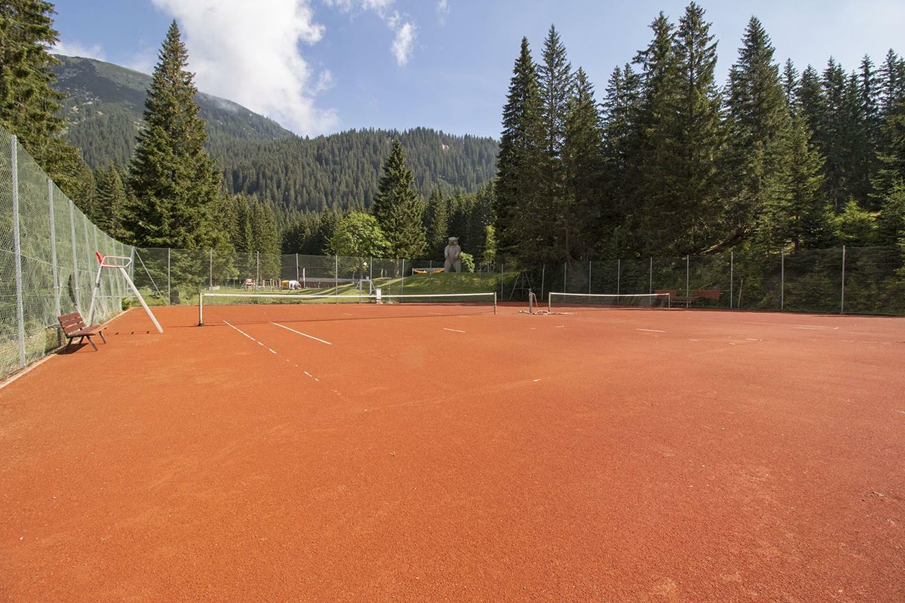 A tennis court, forest and mountains in the background
